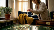 Person holding crystal prism in sunlit living room