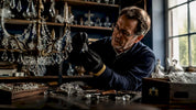Craftsman repairing vintage crystal chandelier in workshop