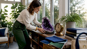 Interior designer placing amethyst crystal decor piece
