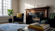 Crystal ornaments on lit living room mantel