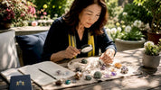 Woman examining natural crystals at home table