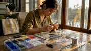 Woman making crystal bead bracelet at crafting table
