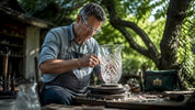 Crystal craftsman hand-cutting crystal vase in workshop