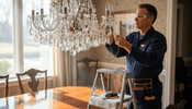 Electrician inspecting chandelier wiring for safety