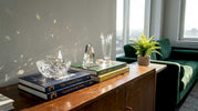 Crystal ornaments sparkling in sunlit living room
