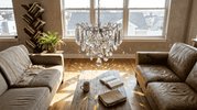 Chandelier crystals sparkling in sunlit living room