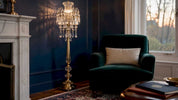 Traditional crystal floor lamp in cozy living room corner