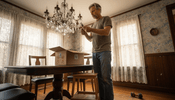 Homeowner repairing loose chandelier crystal prism