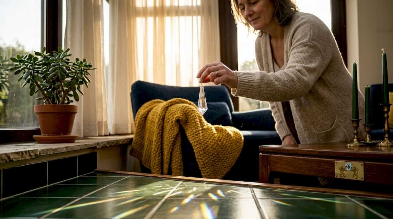 Person holding crystal prism in sunlit living room