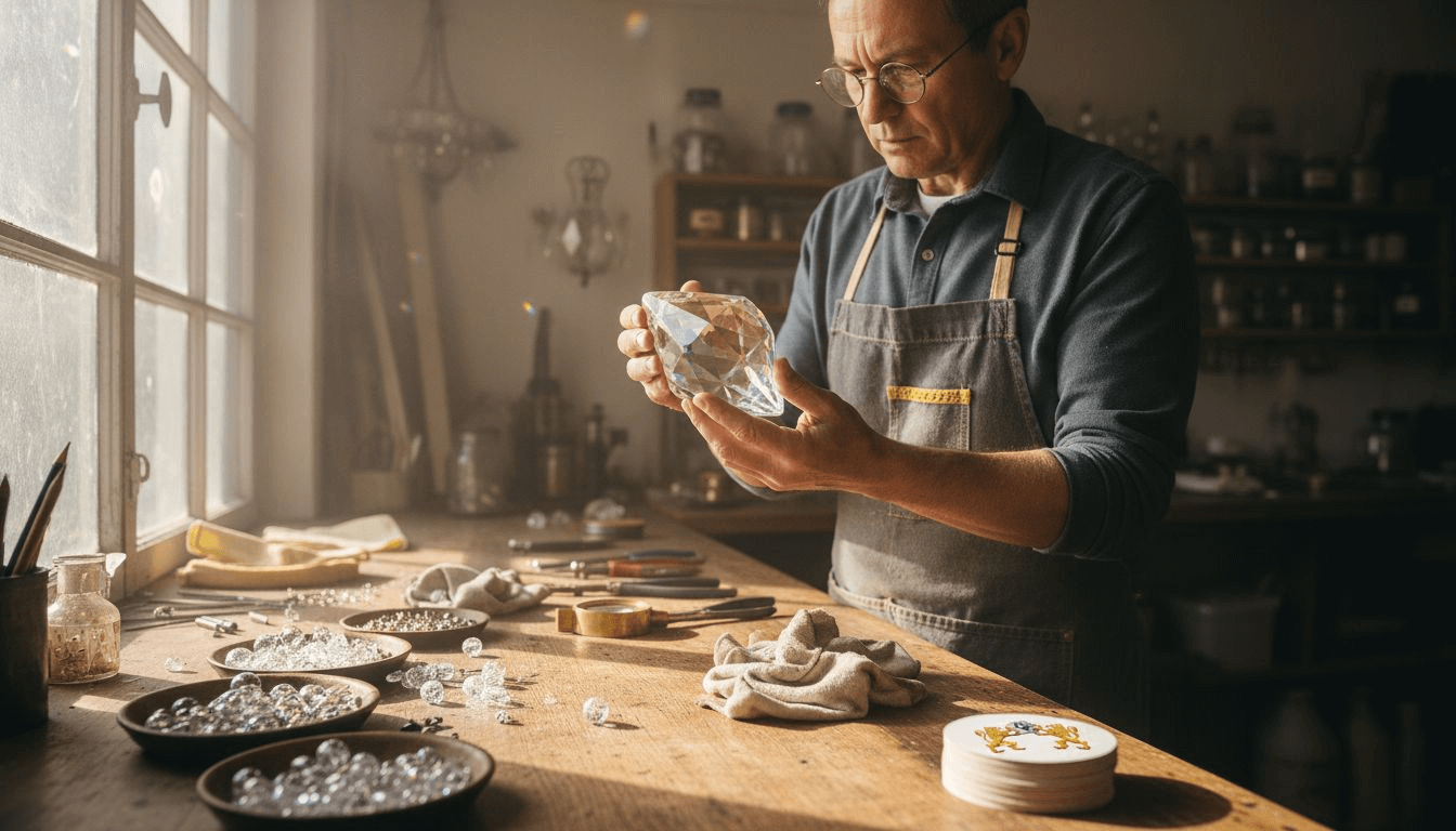Artisan inspecting chandelier crystal prism