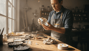 Artisan inspecting chandelier crystal prism
