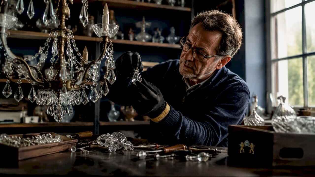 Craftsman repairing vintage crystal chandelier in workshop