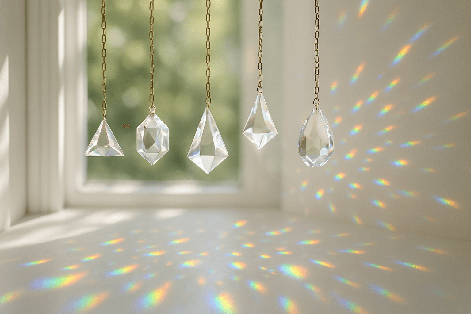 Mini crystal prism suncatchers casting rainbows beside a window