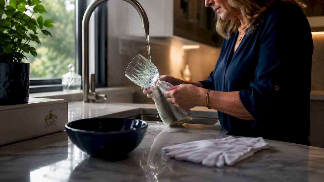 Hands cleaning crystal glassware under water