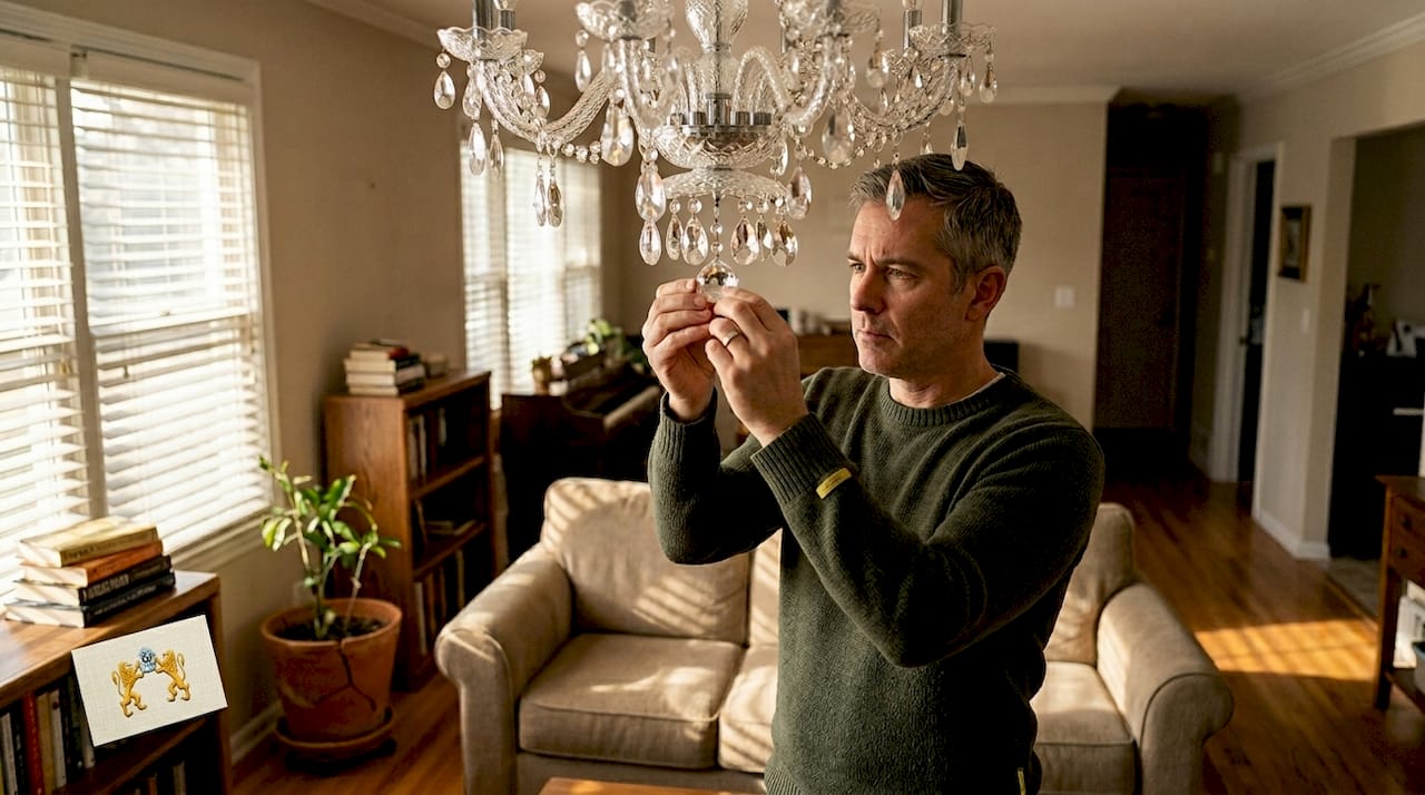 Man inspecting chandelier crystals in lived-in home