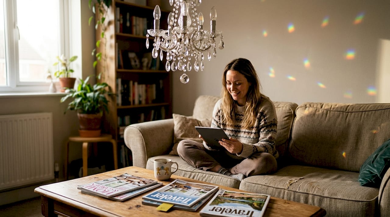 Woman with crystal chandelier in lived-in room