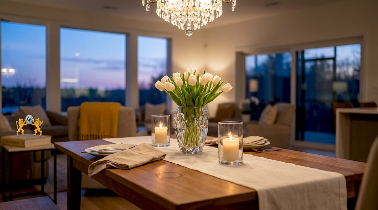 Crystal vase centerpiece at elegant dinner table