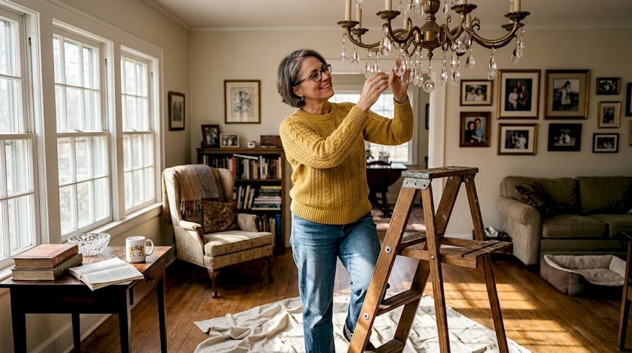 Homeowner adjusting chandelier crystals in living room