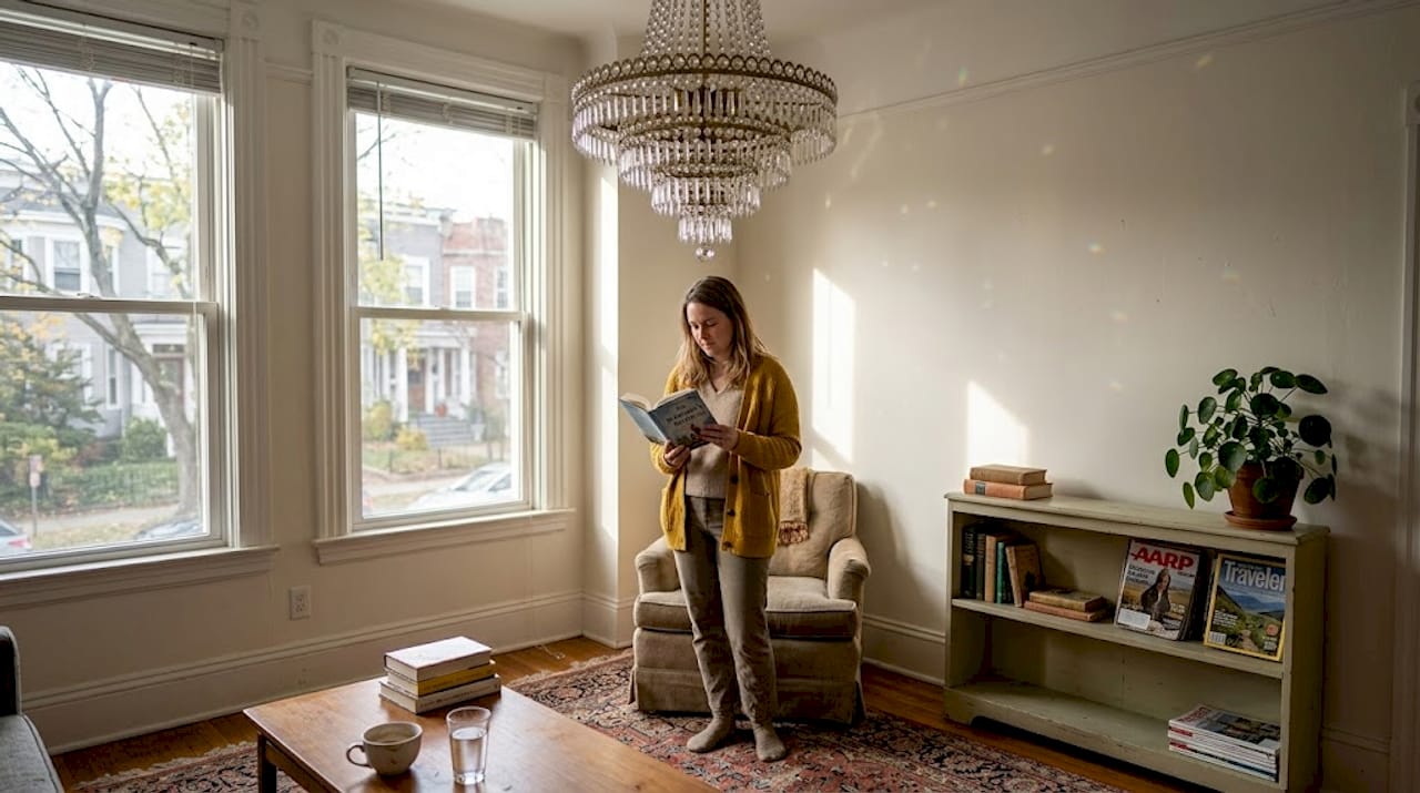 Chandelier sparkling in cozy living room