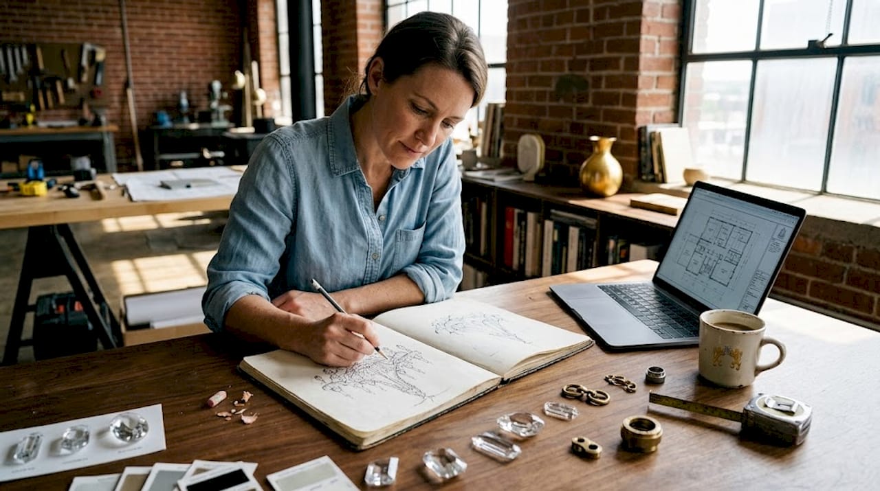 Designer sketching chandelier in studio