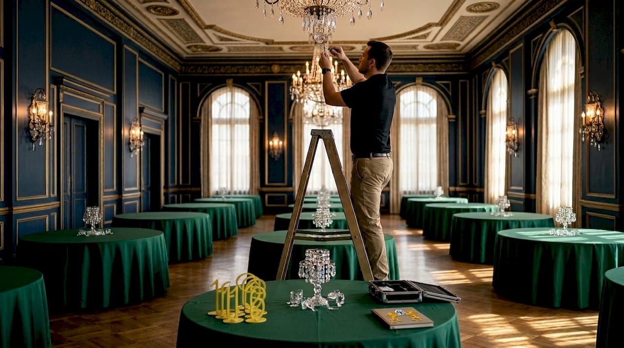 Event technician installs crystal chandelier decor