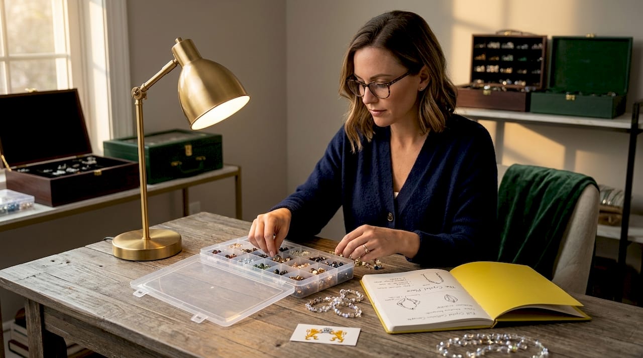 Woman organizing crystal beads on craft table