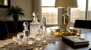 Elegant crystal decor pieces on wooden table
