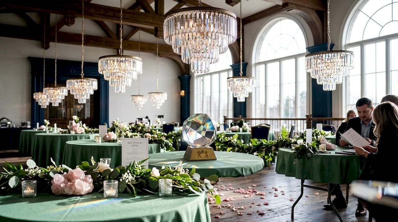 Wedding hall with crystal prism chandeliers