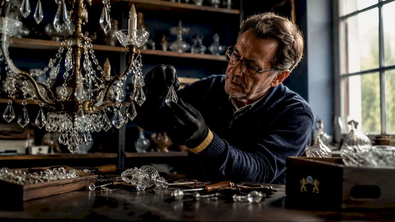 Craftsman repairing vintage crystal chandelier in workshop