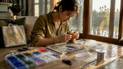 Woman making crystal bead bracelet at crafting table