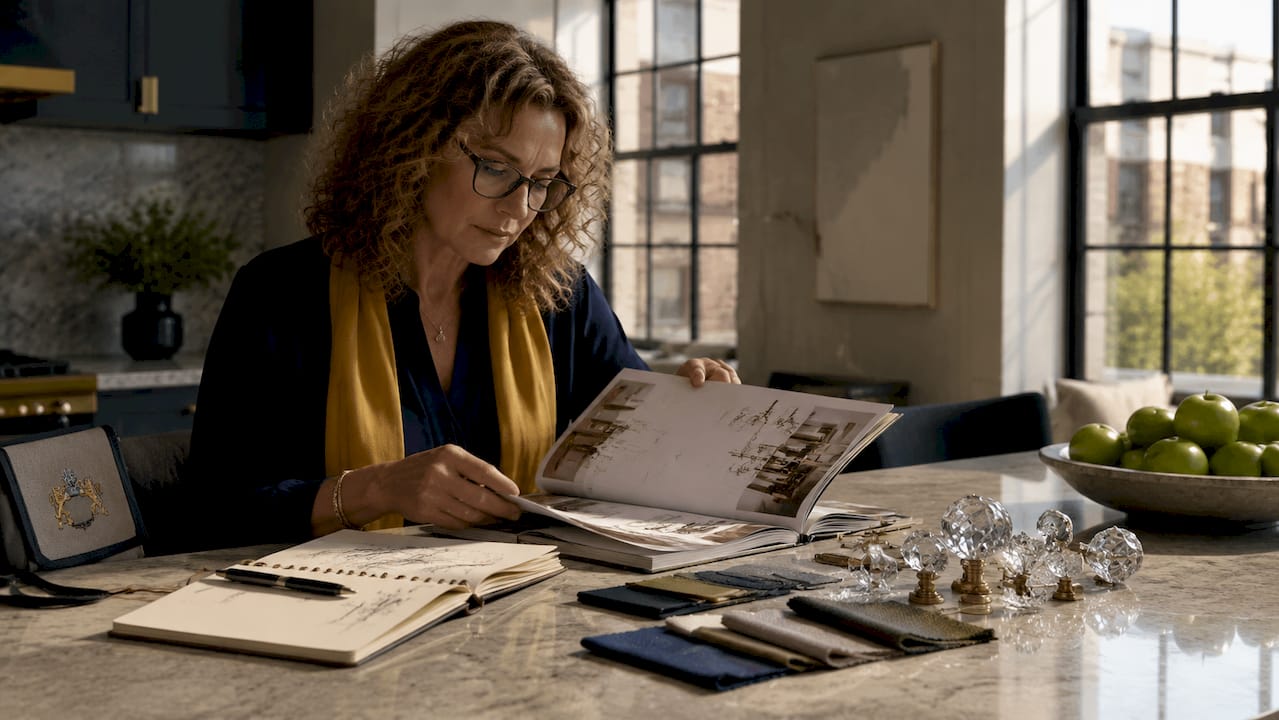 Designer reviewing crystal chandelier catalog