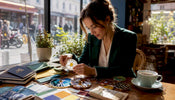 Interior designer examining suncatcher samples at drafting table