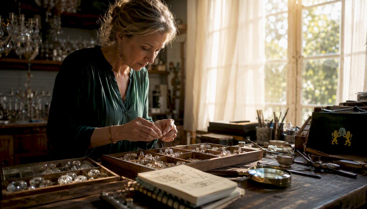 Specialist examining chandelier crystals at worktable