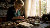 Specialist examining chandelier crystals at worktable