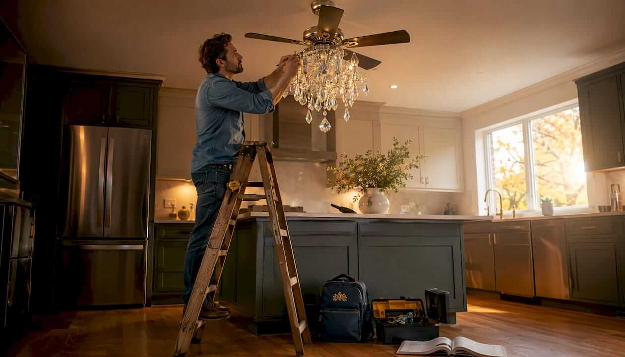 Installer attaching crystals to ceiling fan chandelier