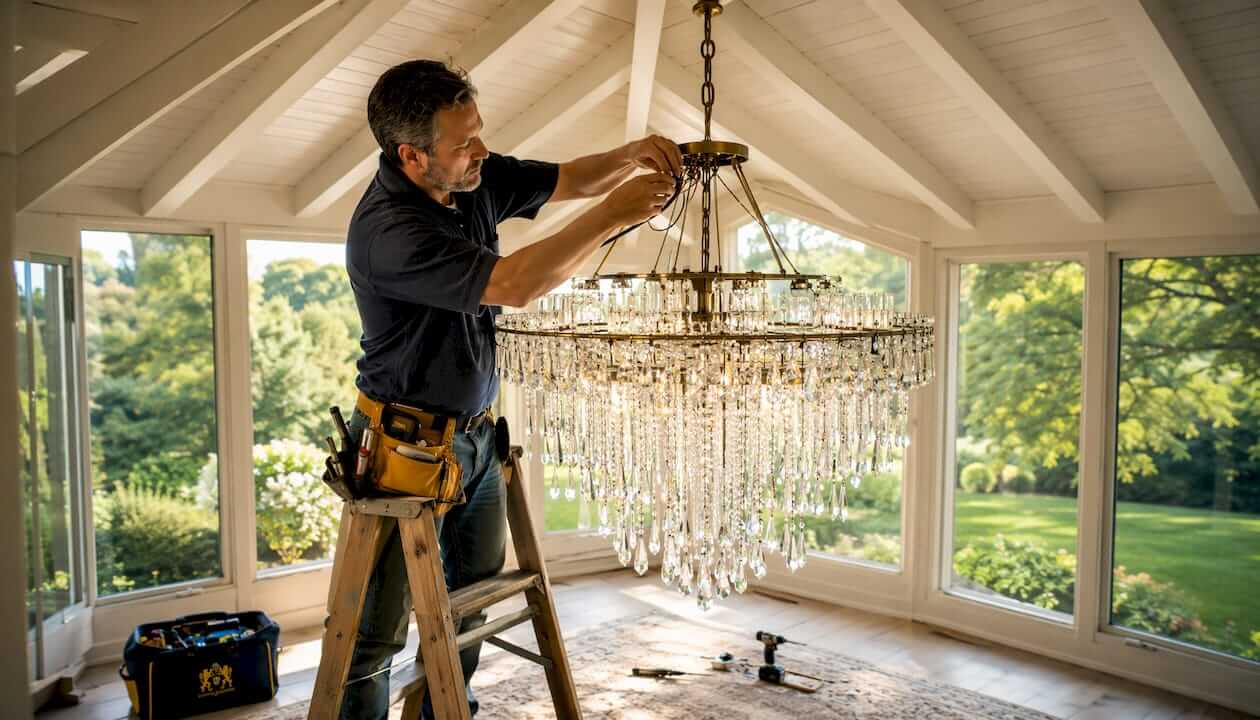 Electrician installing crystal chandelier