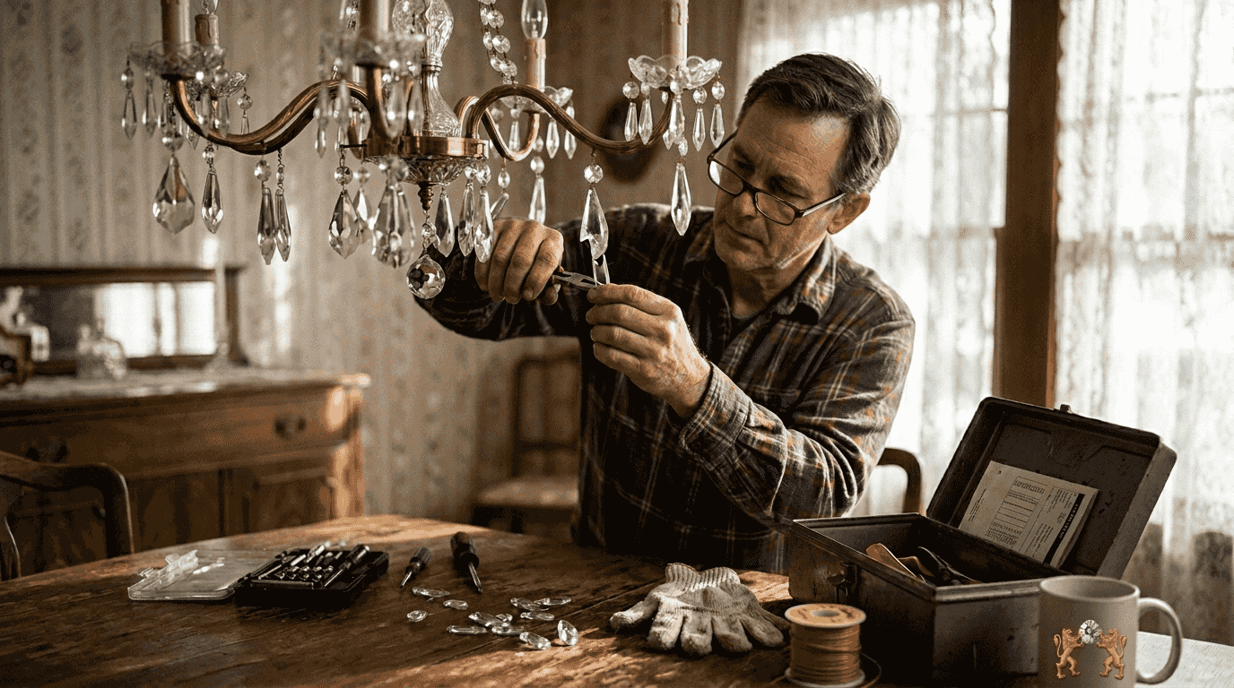 Man replacing chandelier crystal with pliers