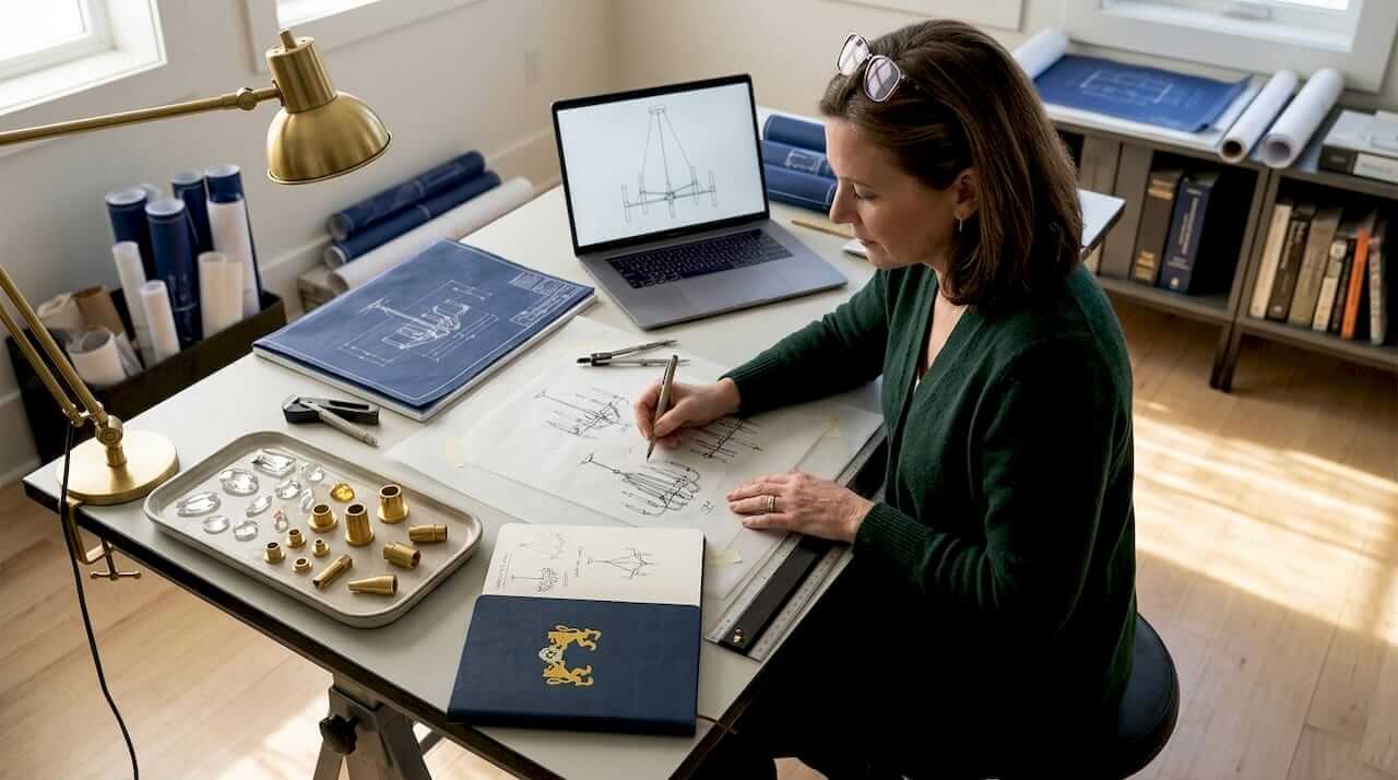 Designer sketches chandelier concepts in studio