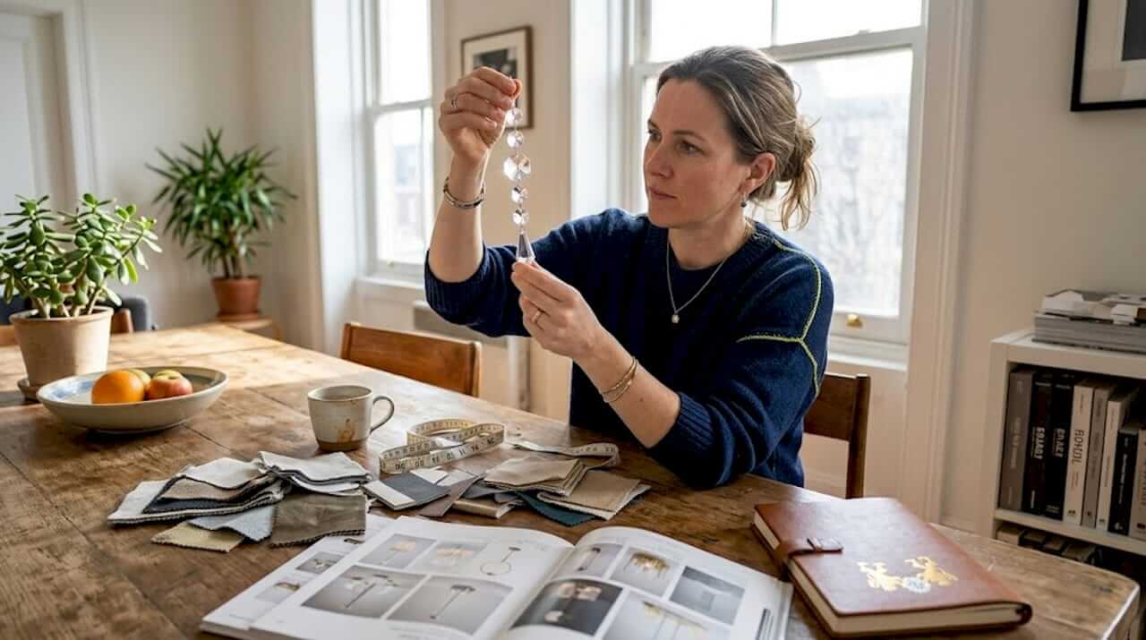 Designer comparing crystal beads for lighting