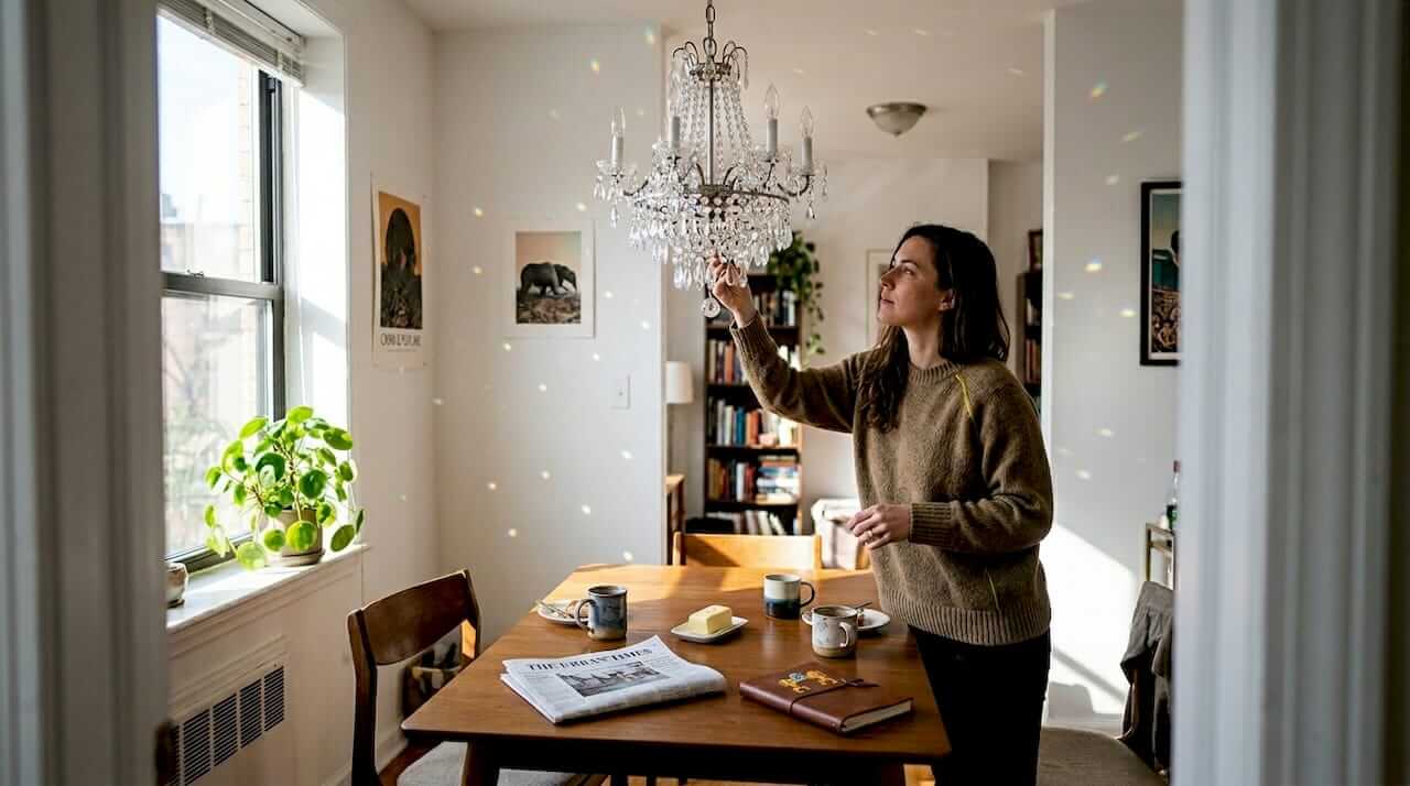 Adjusting crystal chandelier with sunlight sparkles