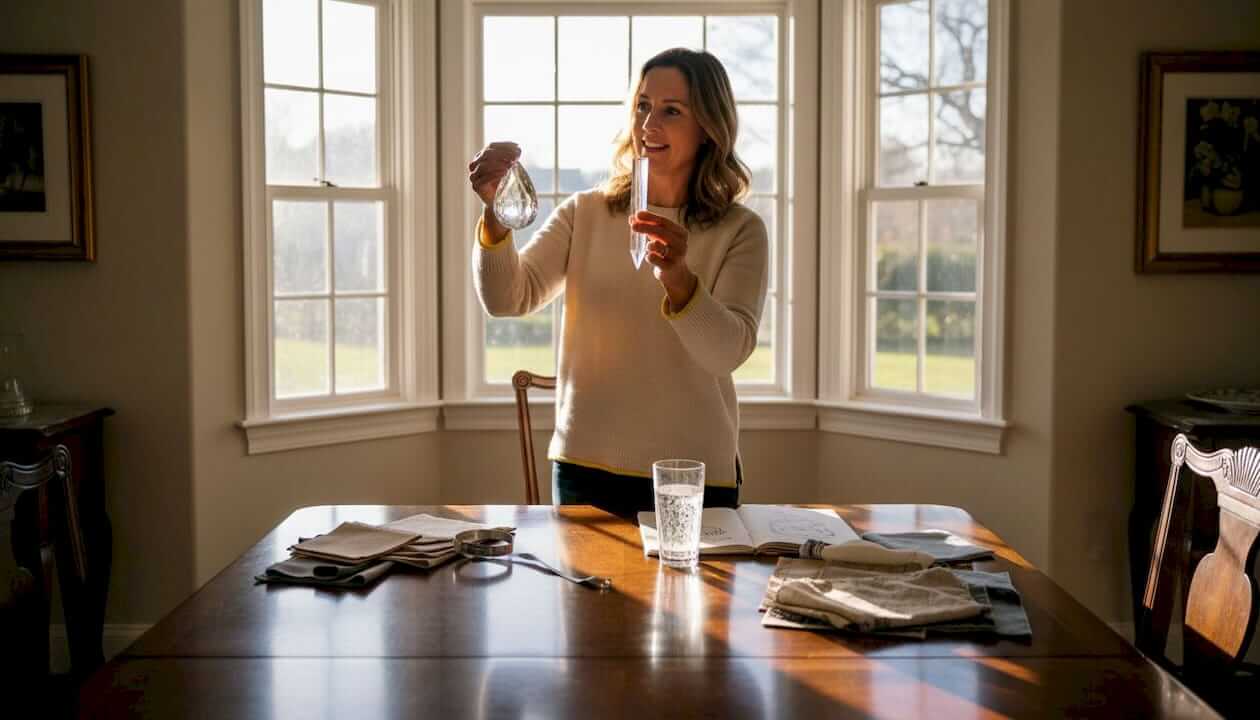 Person comparing chandelier crystals near window