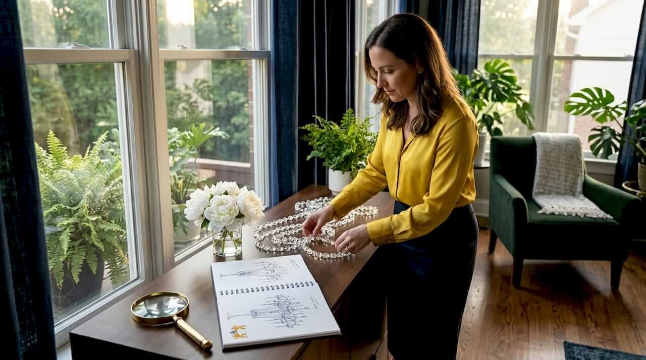Interior decorator arranging crystal bead strands