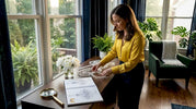 Interior decorator arranging crystal bead strands