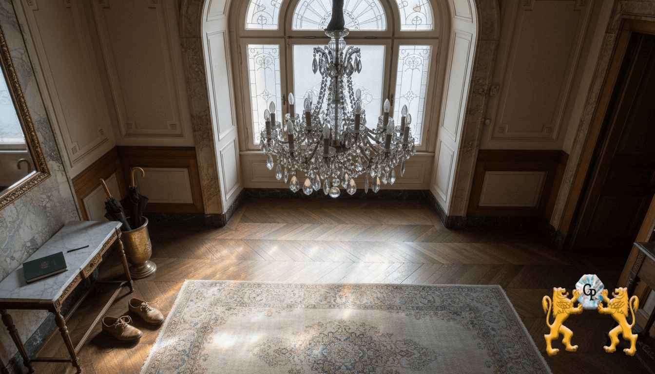 Grand foyer with ornate crystal chandelier