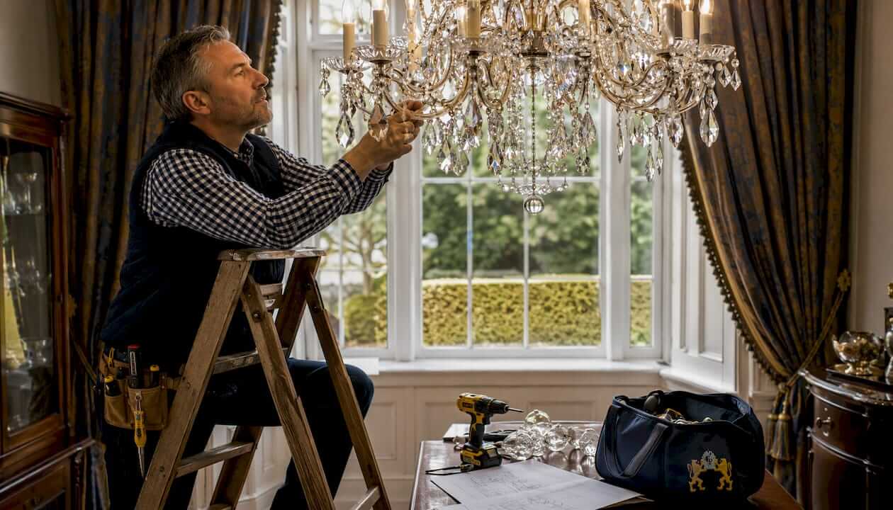 Electrician adjusting crystal chandelier on ladder
