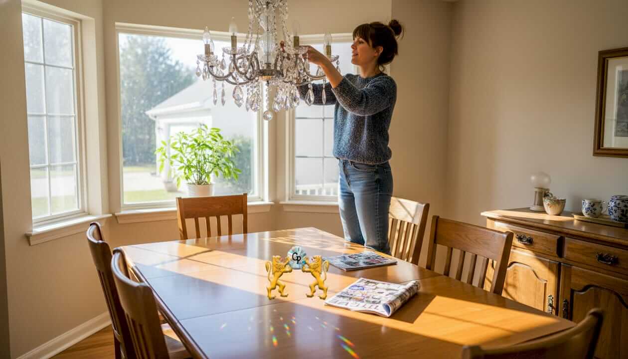 Woman adjusting crystal chandelier in sunlit living room