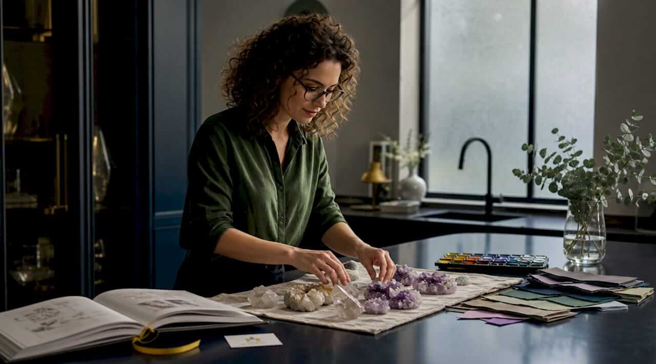 Interior designer arranging crystals on table
