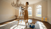 Woman polishing chandelier in elegant living room