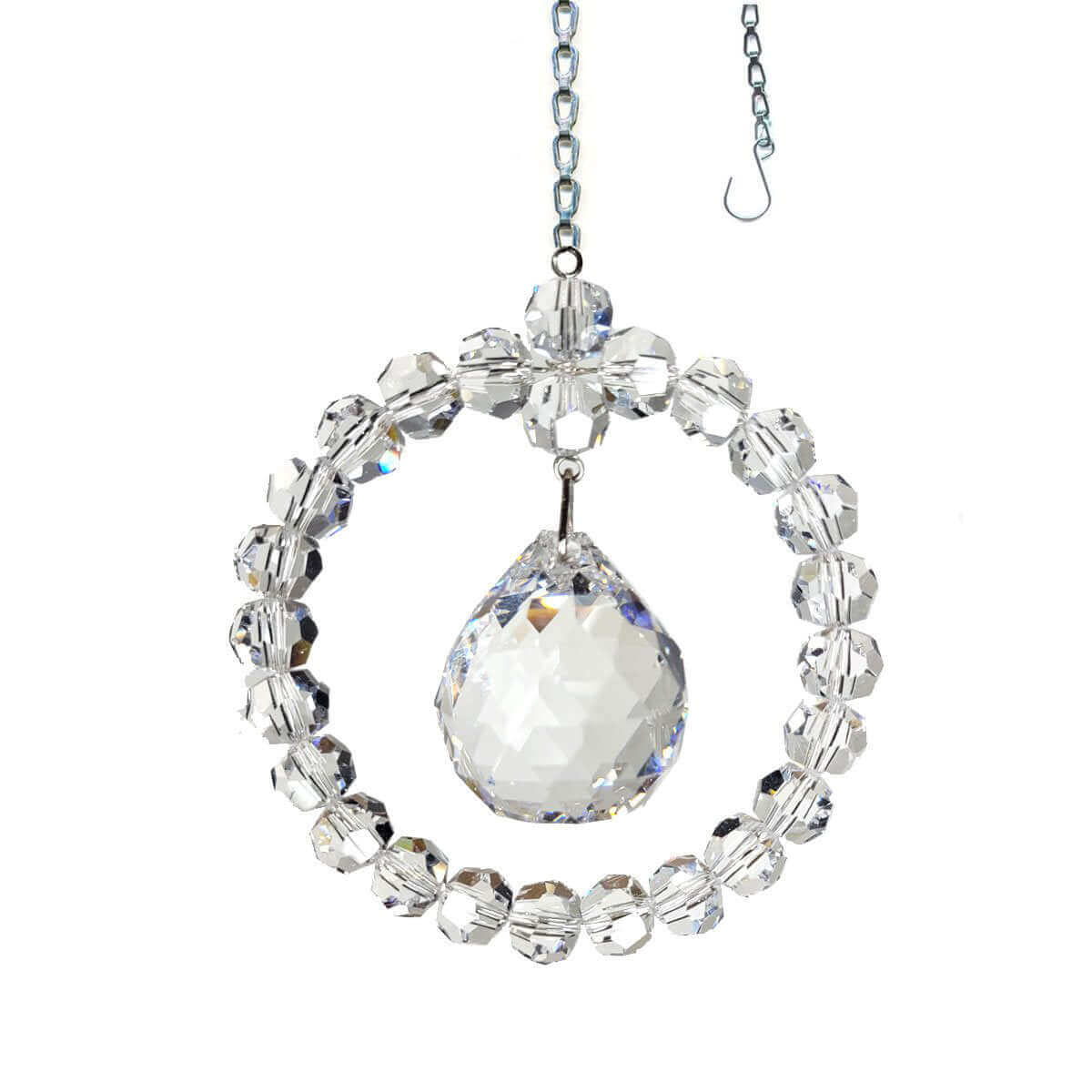 Clear faceted ball crystal ornament with beads and chain