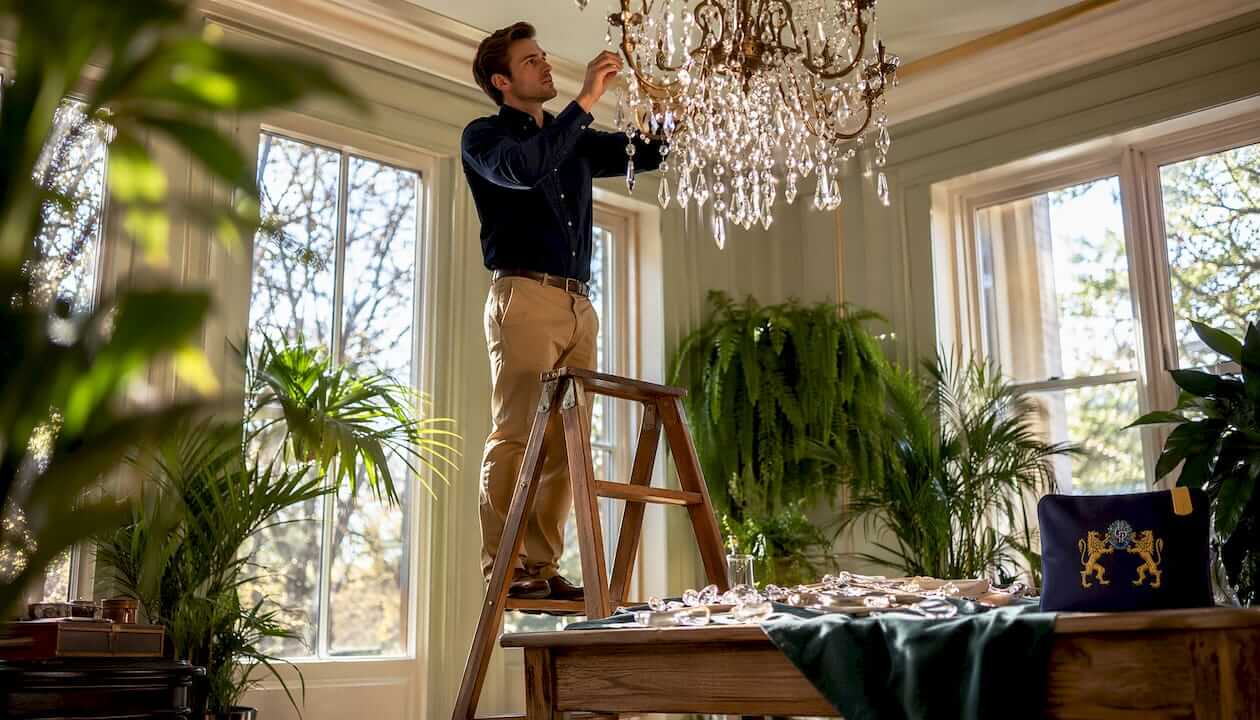 Craftsman installing chandelier crystal strands
